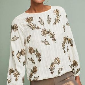 Anthropologie seen worn kept Beaded Cotton Peasant Blouse Mint